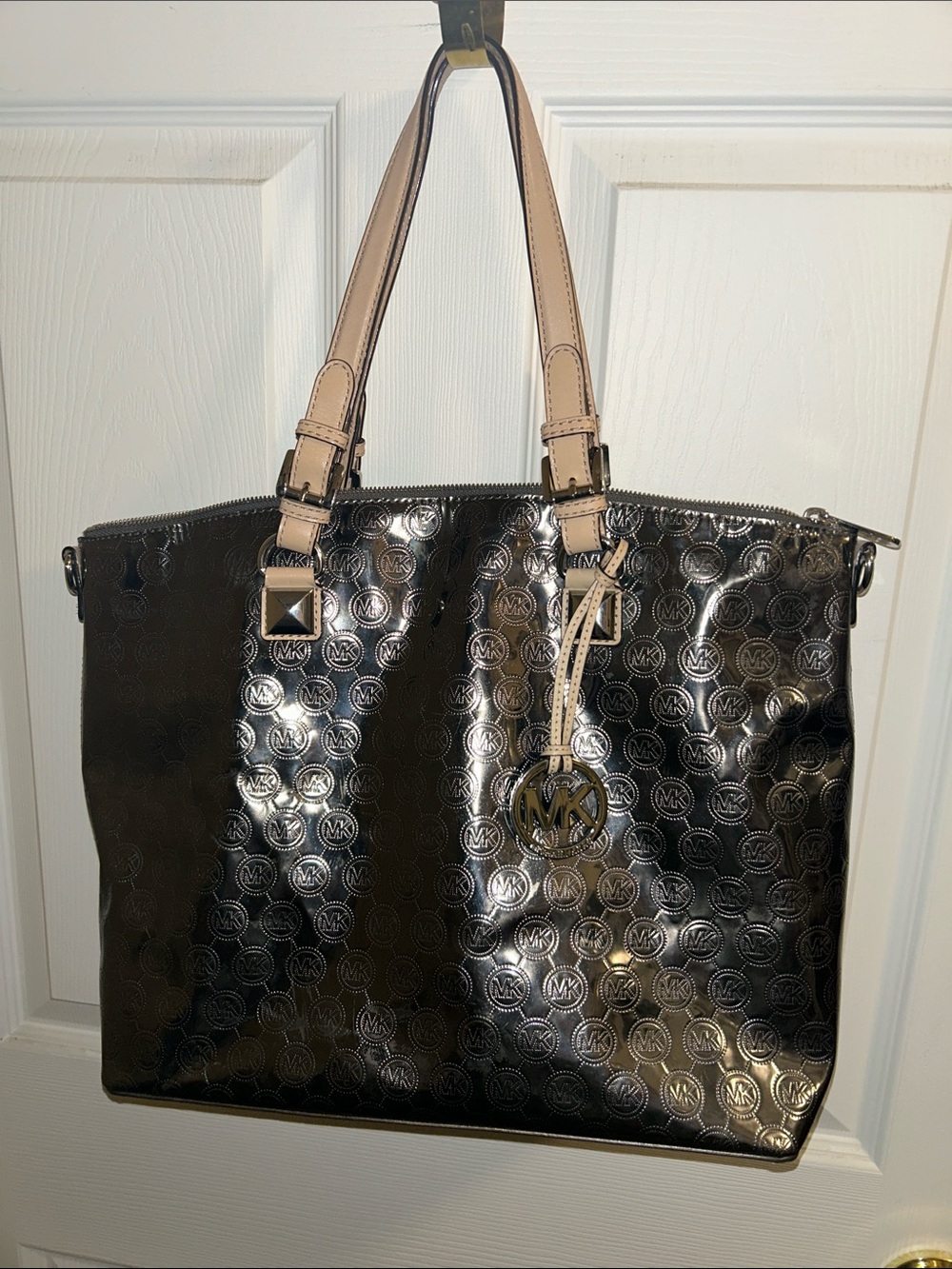 Michael Kors Metallic Black Tote with Beige Leather Handles